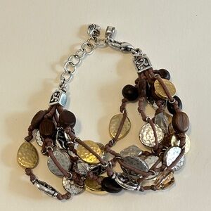 Brighton Riviera multi-strand silver and gold beaded bracelet with brown Cording